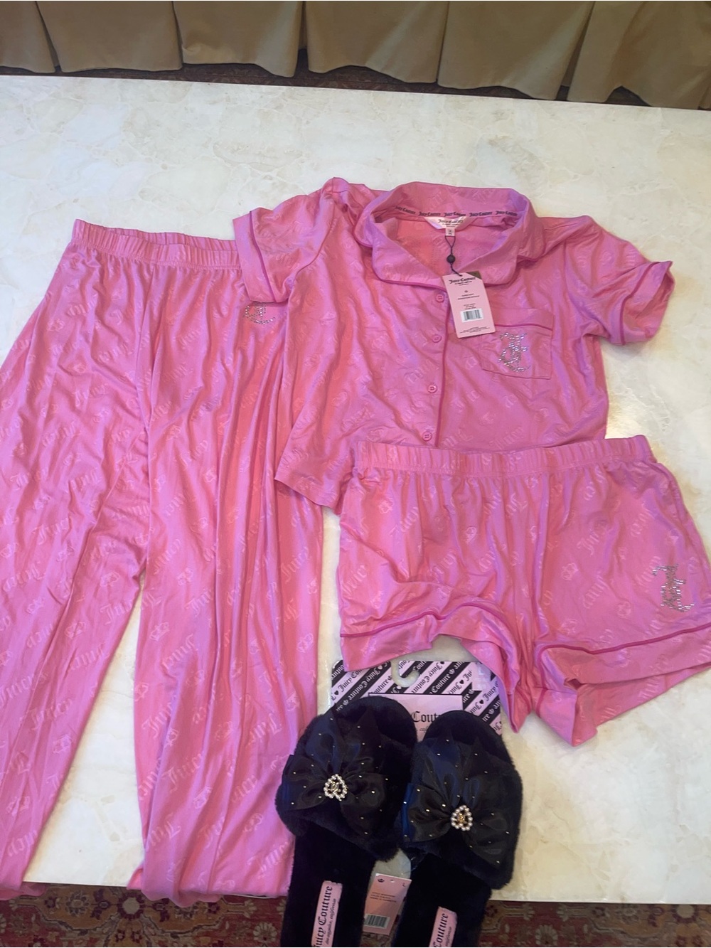 NWT Juicy Couture Pink Satin Pajama Set + Black Bow Slippers